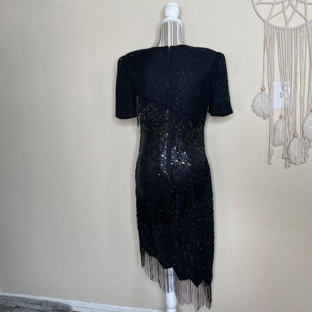 Vintage SCALA 80s Silk Gatsby Cocktail Asymmetric Sequins Beaded Dress Black M - Picture 4 of 12